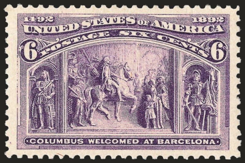 6c Columbian (235).> Mint N.H., radiant color on post-office fresh paper, Jumbo margins, fresh and Extremely Fine, a gorgeous stamp, with 1999 P.F. and 2006 P.S.E. certificates (XF 90 Jumbo SMQ $660.00 as 90,
$2,200.00 as 95)