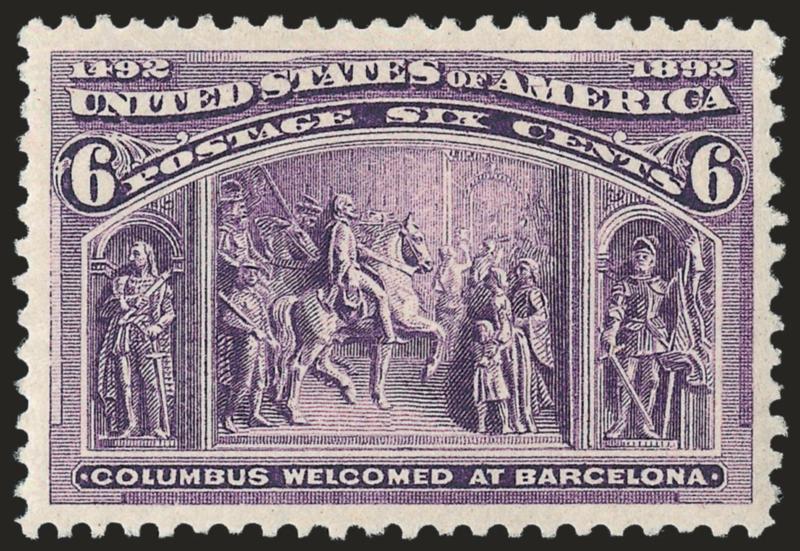 6c Columbian (235).> Original gum, barest trace of hinging (appears Mint N.H.), large almost perfectly balanced margins, outstanding color on bright paper, Extremely Fine Gem, with 2008 P.S.E. certificate
(OGph, XF-Superb 95 SMQ $295.00)