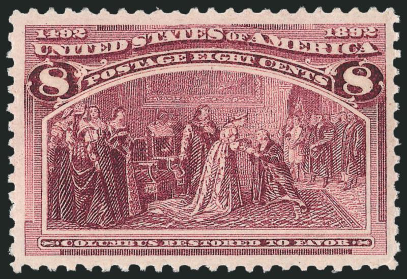 8c Columbian (236).> Mint N.H., choice margins and exceptionally well-centered, dark color on bright paper, Extremely Fine, with photocopy of 1991 P.F. certificate for block of four (top left stamp)