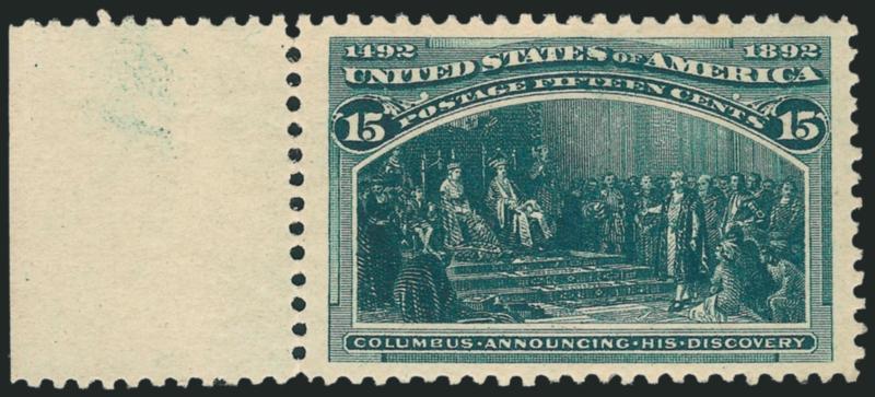 15c Columbian (238).> Original gum with left selvage, h.r., great centering with exceptionally wide side margins, deep intense color, Extremely Fine
