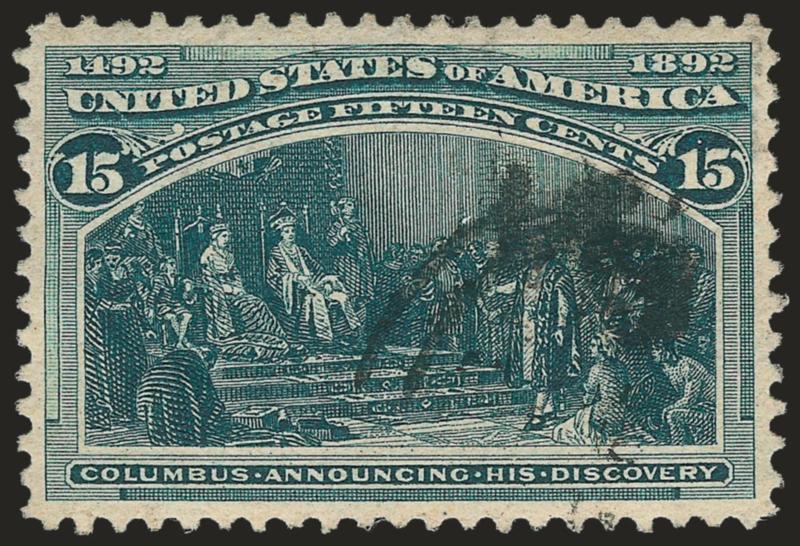 15c Columbian (238).> Wide margins all around, crisp impression, bold cancel, Extremely Fine Gem, with 2008 P.S.E. certificate (XF-Superb 95 SMQ $820.00), only two examples have graded higher to date (both 95J)
and only two others share this grade