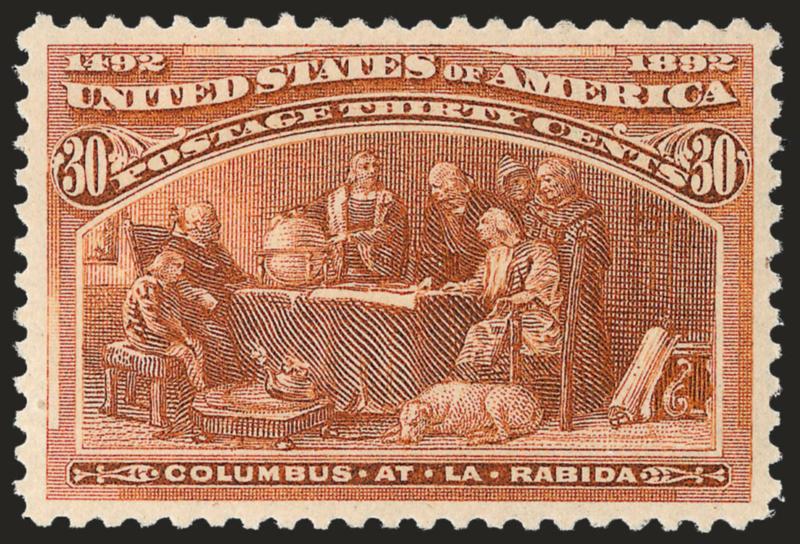 30c Columbian (239).> Mint N.H., deep rich color and proof-like impression on crisp paper, beautiful centering, long and full perforations<><>^EXTREMELY FINE GEM. A SUPERB MINT NEVER-HINGED EXAMPLE OF THE
30-CENT COLUMBIAN ISSUE, WHICH HAS BEEN GRA