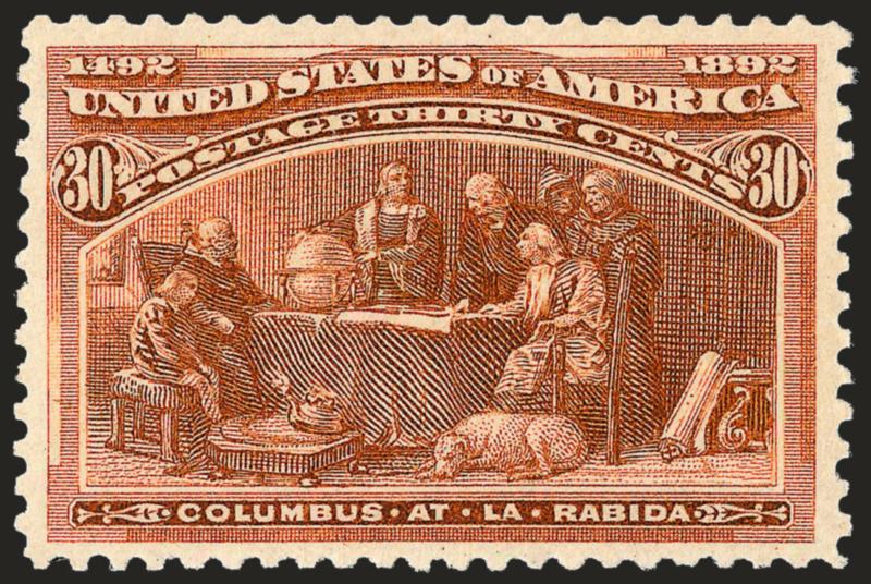 30c Columbian (239).> Mint N.H., rich color on bright paper, well-proportioned margins<><>^EXTREMELY FINE MINT NEVER-HINGED EXAMPLE OF THE 30-CENT COLUMBIAN ISSUE.^<><>With 1999 P.F. and 2006 P.S.E.
certificates (XF 90 SMQ $2,350.00)