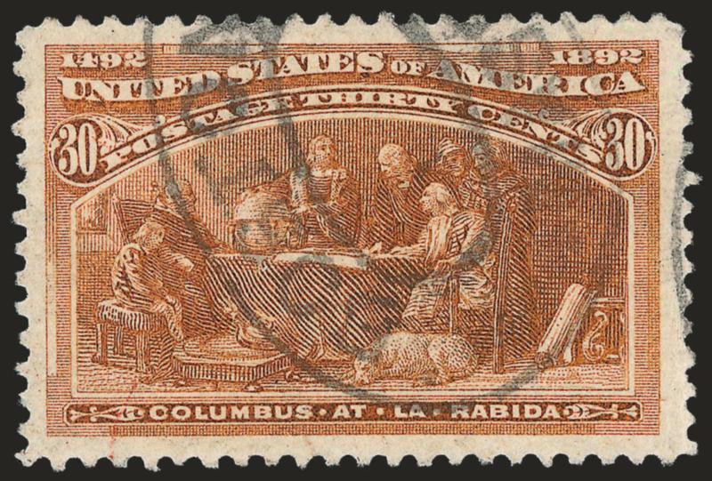 30c Columbian (239).> Bright color, choice centering with Jumbo margins, neat strike of Boston registry oval cancel, Extremely Fine, a huge stamp, with 2008 P.S.E. certificate (XF 90 Jumbo SMQ $290.00 as 90,
$840.00 as 95)