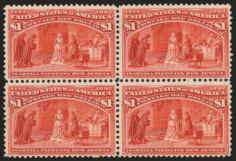$1.00 Columbian (241).> Block of four, original gum, lightly hinged, rich fiery color, top right stamp tiny natural inclusion, Fine - Very Fine, an attractive and scarce block in fresh and sound
condition