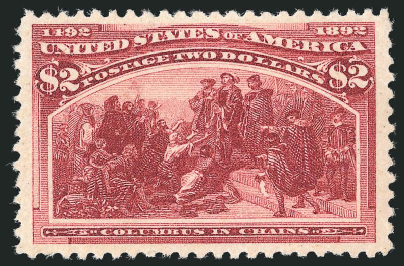 $2.00 Columbian (242).> Original gum, lightly hinged, wonderful centering with choice margins, wide at sides, strong color with a proof-like impression, Extremely Fine, with 2000 P.F. certificate