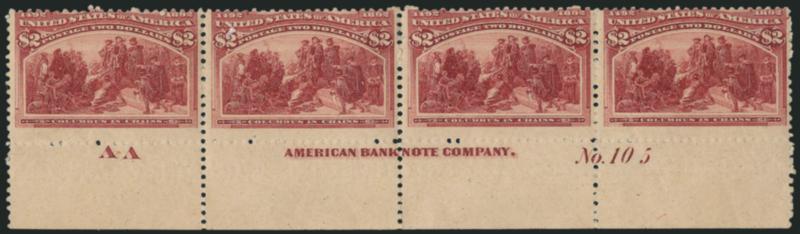 $2.00 Columbian (242).> Bottom imprint, AA and plate no. 105 strip of four, original gum, pos. 2-4 thin spots, trivial on pos. 4, pos. 1 sound, Very Good appearance