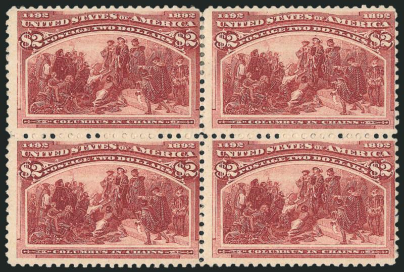 $2.00 Columbian (242).> Block of four, original gum, small hinge reinforcement between top pair, centered to right, perfs essentially clear, about Fine
