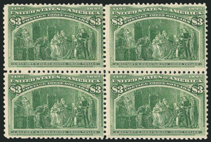 $3.00 Columbian (243).> Block of four, original gum, lightly hinged, fresh, vibrant color, right perfs touch on top left stamp, clear on others, Fine