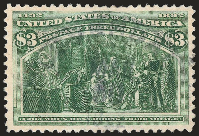 $3.00 Columbian (243).> Wonderfully well-centered, rich color and light cancel, Very Fine and choice, a handsome used example of the $3.00 Columbian, with 2008 P.F. certificate (VF-XF 85 SMQ
$1,450.00)