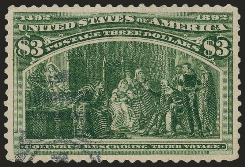 $3.00 Olive Green, Columbian (243a).> Magnificent centering with choice color and impression, unobtrusive duplex cancel, small internal crease, Extremely Fine appearance, with 2000 P.F. certificate
