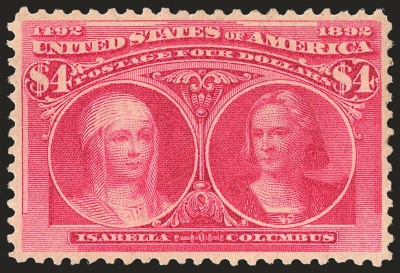 $4.00 Columbian (244).> Original gum, lightly hinged, well-centered, deep rich color<><>^EXTREMELY FINE. A VERY ATTRACTIVE EXAMPLE OF THE $4.00 COLUMBIAN WITH ORIGINAL GUM.^<><>With 2008 P.S.E. certificate
(OGph, XF 90 SMQ $4,350.00)