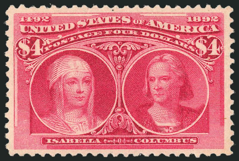 $4.00 Columbian (244).> Original gum, lightly hinged, handsome centering with strong intense color<><>^EXTREMELY FINE. AN EXCEPTIONALLY BEAUTIFUL $4.00 COLUMBIAN WITH ORIGINAL GUM.^<><>with 1985 P.F.
certificate