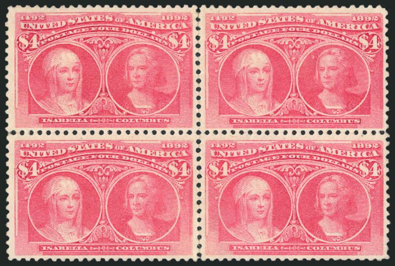 $4.00 Rose Carmine, Columbian (244a).> Block of four, original gum, lovely bright color, light corner thin top left stamp<><>^FINE-VERY FINE. ONE OF THE FEW REMAINING WELL-CENTERED $4.00 COLUMBIAN
BLOCKS.^<><>As dollar-value Columbian blocks are