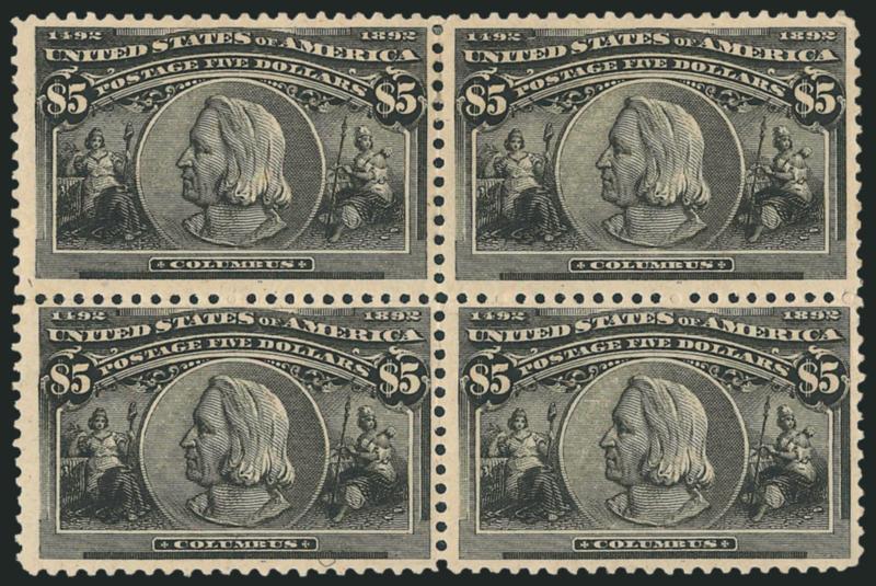 $5.00 Columbian (245).> Block of four, original gum, attractive margins and strong shade, inconsequential corner bend or crease top right<><>^FINE-VERY FINE. AN ATTRACTIVE BLOCK OF THE $5.00 COLUMBIAN.^<><>As
dollar-value Columbian blocks are bro
