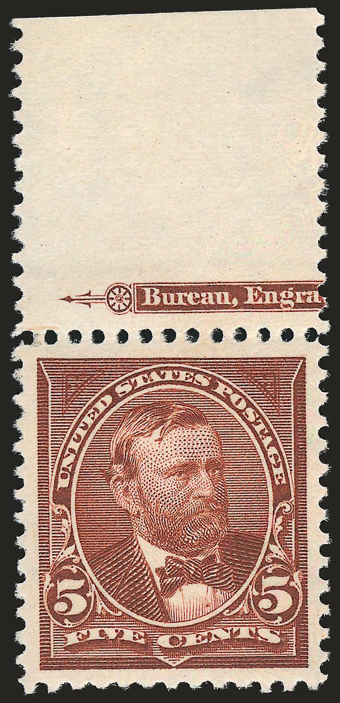 5c Chocolate (270).> Mint N.H., <wide selvage with part imprint> at top, unusually choice centering with Jumbo margins, gorgeous color<><>^EXTREMELY FINE GEM. A SUPERB MINT NEVER-HINGED EXAMPLE OF THE 5-CENT
1895 WATERMARKED BUREAU ISSUE.^<><>Wit
