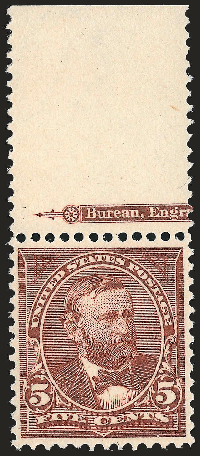 5c Chocolate (270).> Mint N.H. with <part top imprint selvage,> essentially precise centering, fresh and crisp, rich color, Extremely Fine, with 1986 and 2006 P.F. certificates (XF 90 SMQ $420.00)