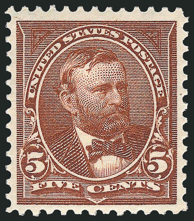 5c Chocolate (270).> Mint N.H., beautiful margins and attractive centering, incredibly fresh, Very Fine and choice, with 2003 P.F. certificate for block and 2005 P.F. certificate as this single (VF-XF 85 SMQ
$210.00)