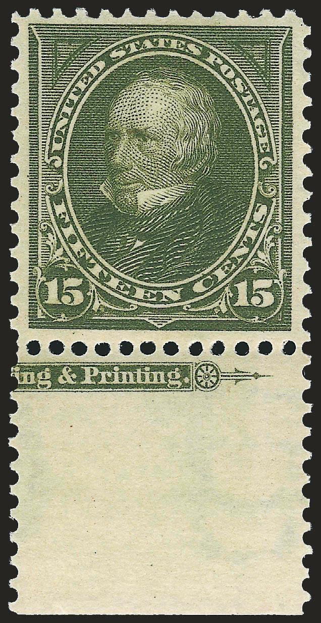 15c Olive Green (284).> Mint N.H. with <part imprint selvage at bottom,> beautiful color, Very Fine and choice, with 2008 P.S.E. certificate (VF-XF 85 SMQ $970.00)