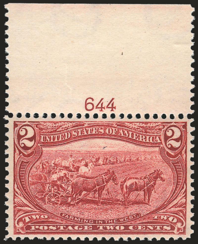 2c Trans-Mississippi (286).> Mint N.H. with <plate no. 644 with wide selvage at top,> well-proportioned margins, fresh and Extremely Fine, with 2008 P.S.E. certificate (XF 90 SMQ $285.00)