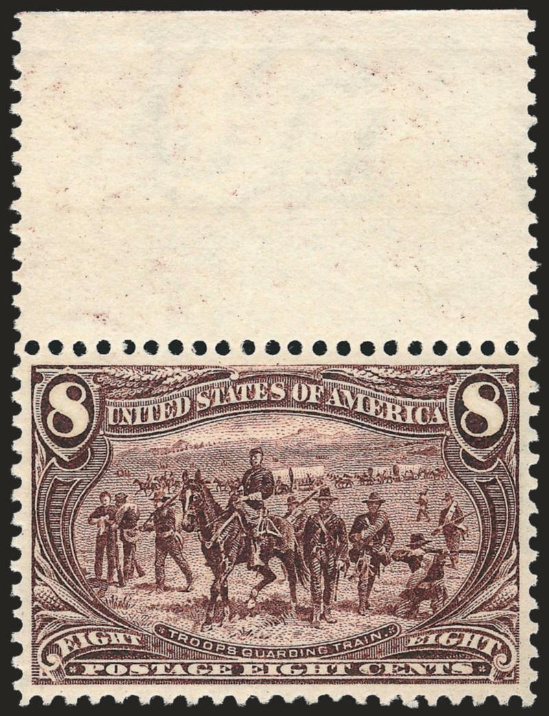 8c Trans-Mississippi (289).> Mint N.H. with <wide selvage at top,> deep rich color and proof-like impression on post-office fresh paper, gorgeous centering with unusually wide and balanced margins<><>^EXTREMELY
FINE GEM. THIS MAGNIFICENT STAMP HAS