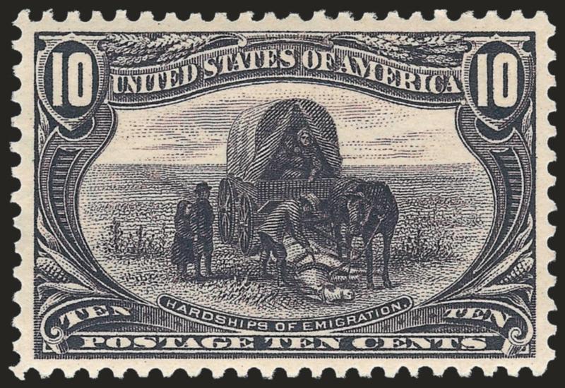 10c Trans-Mississippi (290).> Mint N.H., deep rich color and proof-like impression, gorgeous centering with wide and balanced margins, long and full perforations all around<><>^EXTREMELY FINE GEM. A SUPERB MINT
NEVER-HINGED EXAMPLE OF THE 10-CENT T