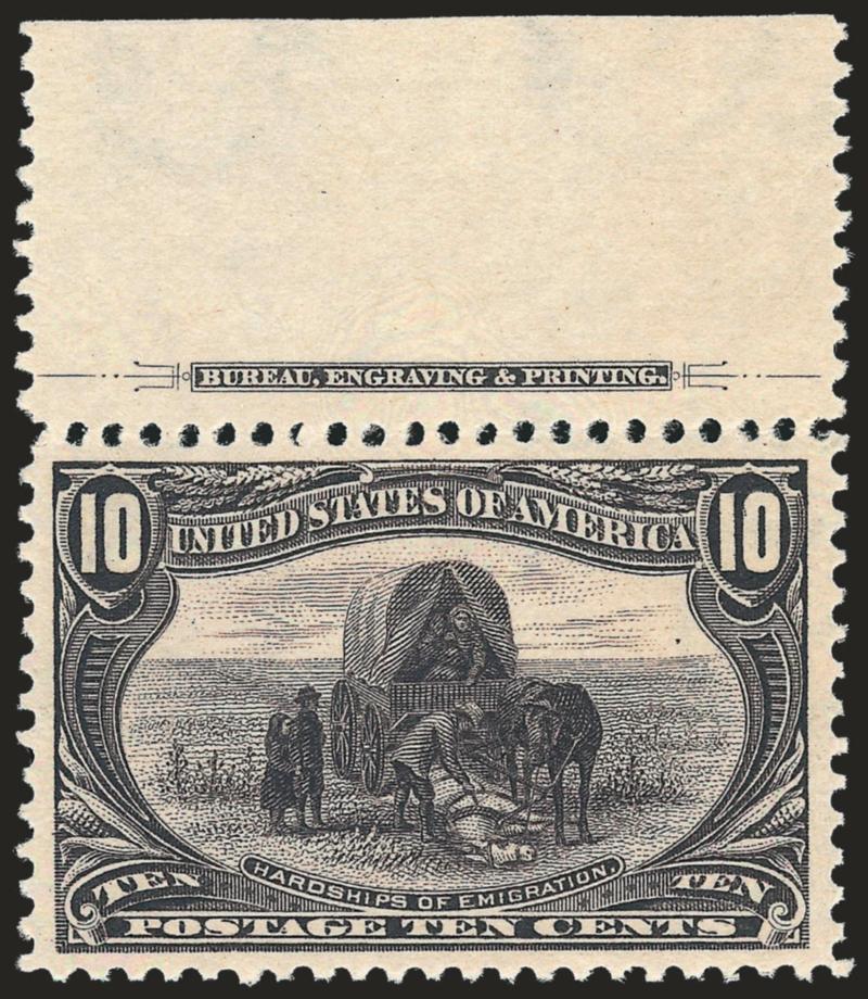 10c Trans-Mississippi (290).> Mint N.H. with <imprint and wide selvage at top,> brilliant color, well-balanced margins, Extremely Fine, a pretty stamp, with 2007 P.S.E. certificate (XF 90 SMQ $1,750.00)