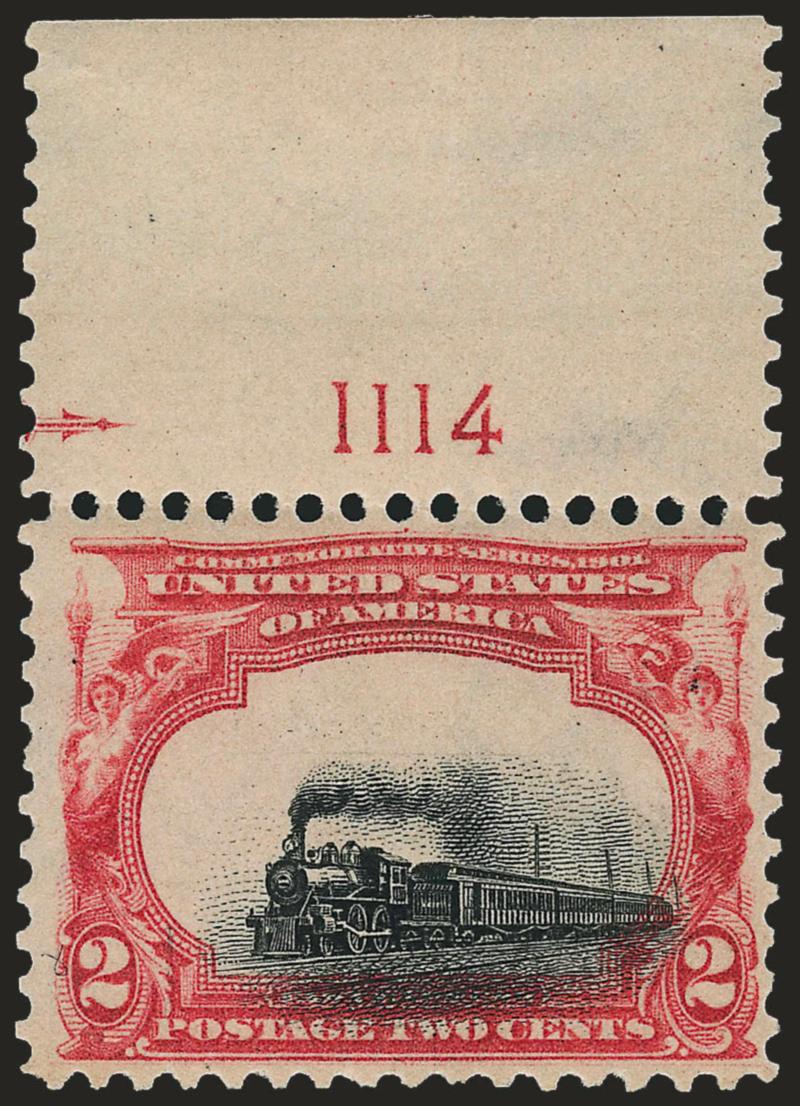 2c Pan-American (295).> Mint N.H. with <plate no. 1114 at top,> showing <shifted vignette> which significantly impinges the letter tablet at bottom, a Fine and unusual variety, with 2008 P.S.E. certificate,
Scott Retail as normal