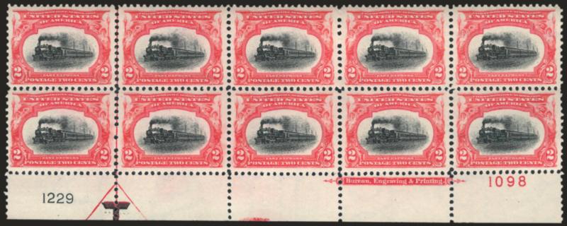 2c Pan-American (295).> Mint N.H. bottom imprint and double plate no. block of ten, brilliant colors, choice centering throughout, fresh and Extremely Fine, with 2008 P.S.E. certificate