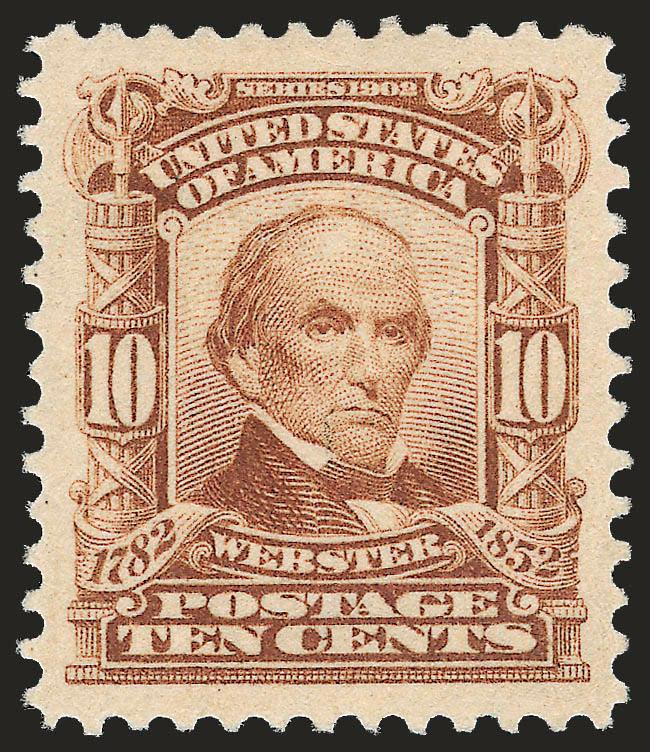 10c Pale Red Brown (307).> Unbelievably huge Jumbo margins with absolutely perfect centering, excellent color and clear impression, faintly hinged<><>^EXTREMELY FINE GEM. A SPECTACULAR ONE-OF-A-KIND EXAMPLE OF
THE 10-CENT 1902 ISSUE.^<><>With 199
