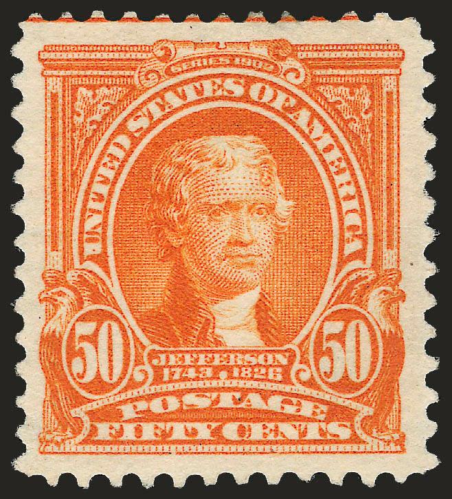 50c Orange (310).> Incredibly wide Jumbo margins and very attractively centered, glowing color on white paper, Very Fine and choice, with 2008 P.S.E. certificate (OGh, VF-XF 85 SMQ $670.00 as 85, $960.00 as
90)