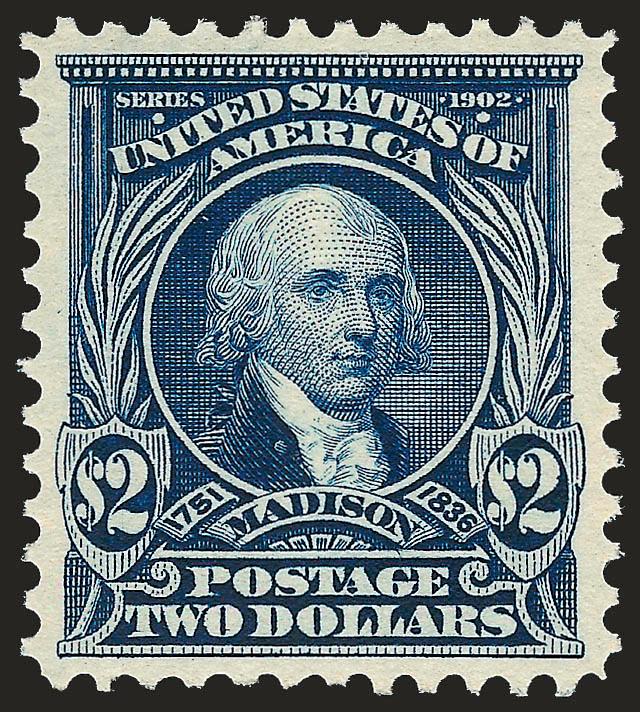 $2.00 Dark Blue (312).> Mint N.H., deep rich color and proof-like impression, beautiful centering<><>^EXTREMELY FINE GEM. A SUPERB MINT NEVER-HINGED EXAMPLE OF THE $2.00 1902 ISSUE.^<><>With 1984 and 2007 P.F.
certificates (XF-Superb 95 SMQ $18,