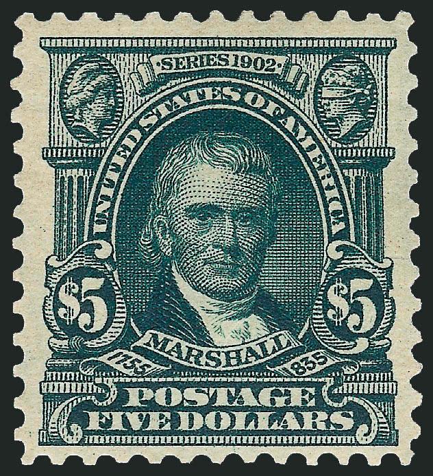 $5.00 Dark Green (313).> Attractive centering with balanced side margins, incredibly deep rich color, lightly hinged, Very Fine, with 2002 P.S.E. certificate