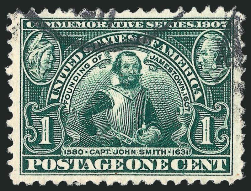 1c Jamestown (328).> Unusually choice centering with Jumbo margins, rich color on bright paper, face-free cancel, Extremely Fine Gem, a beautiful stamp, with 2008 P.S.E. certificate (XF-Superb 95 Jumbo SMQ
$230.00 as 95, $740.00 as 98), only one has