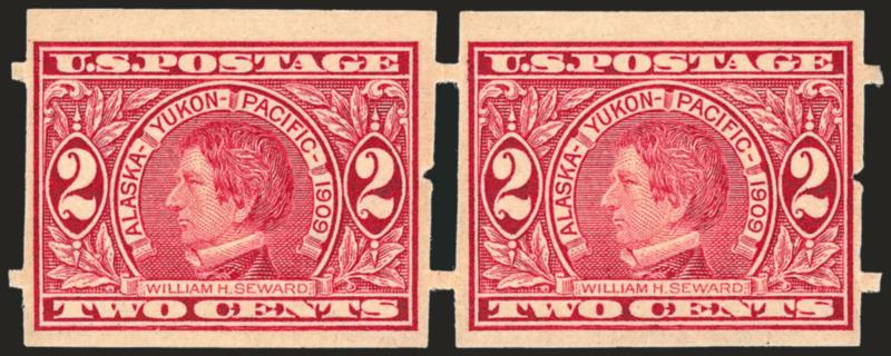 2c Alaska-Yukon, Attleboro Stamp Co. Private Perforations, Coiled Sidewise (371).> Mint N.H. pair, perforations intact<><>^VERY FINE AND CHOICE MINT NEVER-HINGED PAIR OF THIS RARE PRIVATE PERFORATION, PRODUCED
BY THE ATTLEBORO STAMP CO.^<><>In 19