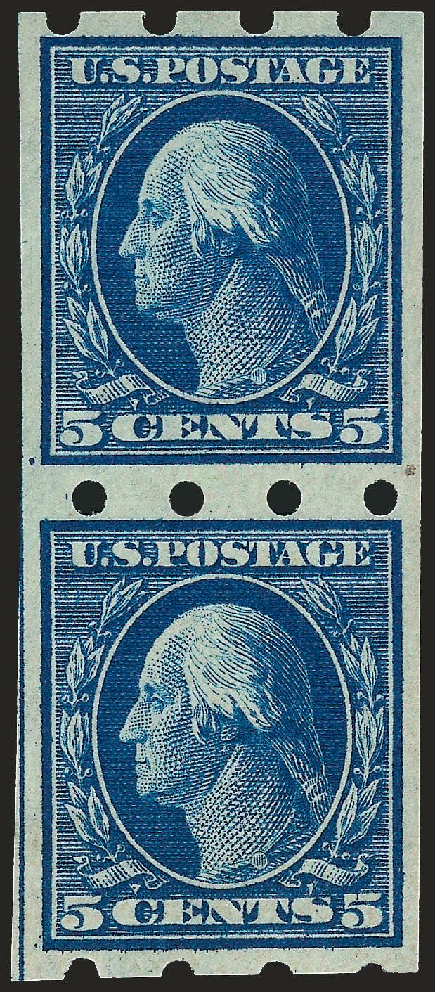 5c Blue, Brinkerhoff Ty. I (347).> Pair, top stamp lightly hinged, bottom Mint N.H., Very Fine, Mekeel handstamp guarantee, with 2002 P.F. certificate
