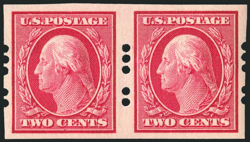 2c Carmine, Farwell 3A2 Perforations, 3mm Spacing (384).> Pair, lightly hinged, Extremely Fine, scarce, with 1986 A.P.S. and 1997 P.F. certificates