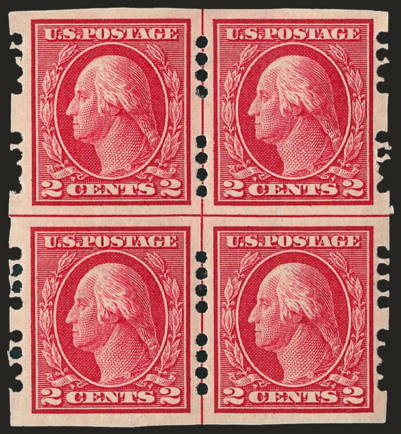 1c Green, 2c Carmine, Farwell Group 4 (408-409).> Centerline blocks of four, lightly hinged, <combination 4A44B4 configurations,> if broken , there would be two guide line pairs for each value in the wide and
narrow spacing, Extremely Fine, lovely s
