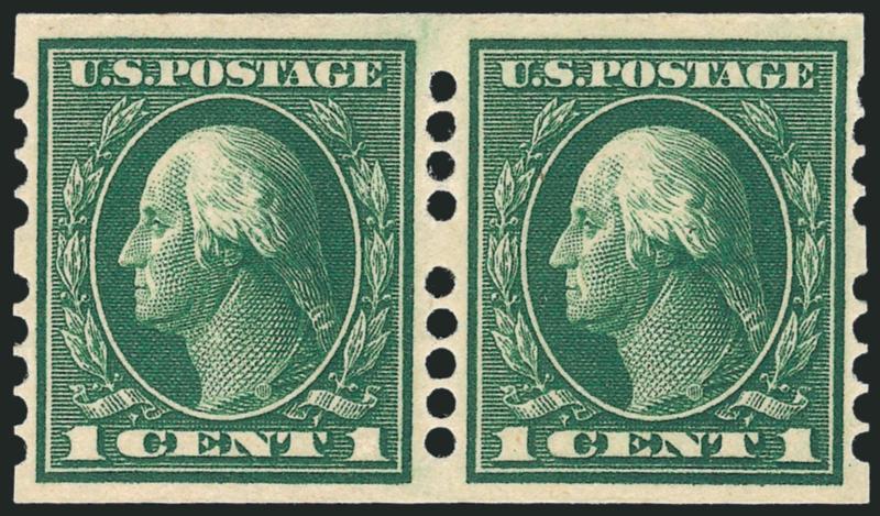 1c Green, Farwell 4A5 Perforations (408).> Pair, lightly hinged, Extremely Fine Gem, a superb example of this scarce perf, ex Agris, with 1988 A.P.S. and 1997 P.F. certificates