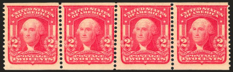 2c Scarlet, International Vending Machine Co., Perforated Approximately 12-12 (320b).> Strip of four, lightly hinged, slightly slanted perforations which are characteristic of genuine examples of this private
perf, wonderfully fresh<><>^A VERY FIN