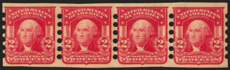 2c Scarlet, Mailometer Ty. I (320b).> Strip of four, end stamps Mint N.H., Mekeel 17.45mm variety, Fine-Very Fine, with 2004 P.F. certificate