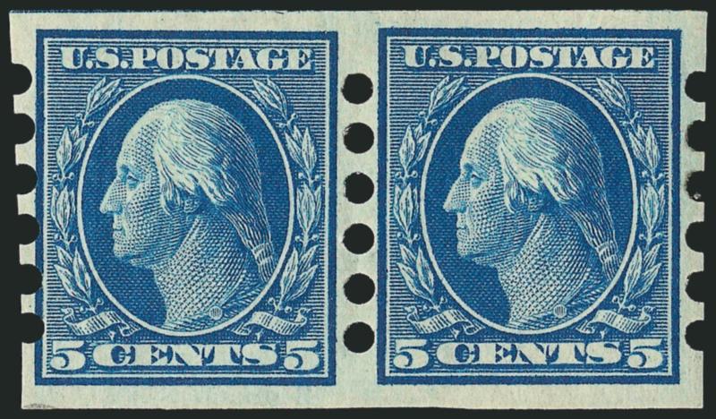 1c-5c 1908-09 Issue, Mailometer Ty. I (343-344, 346-347).> Five items, pairs of each with two of 2c (2mm and 3mm spacing), the 5c is Mekeel Ty. Ia variety, Very Fine-Extremely Fine, 5c with Mekeel handstamp
guarantee and 2001 P.S.E. certificate