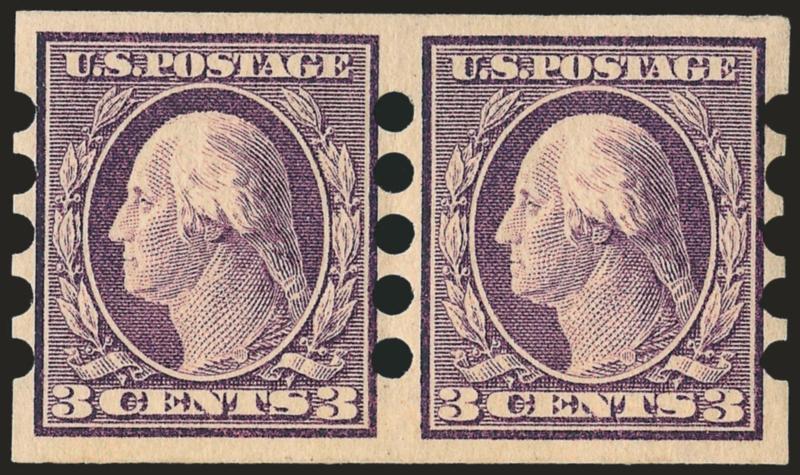 2c Carmine, 3c Violet, Mailometer Ty. IV (482-483).> Guide line pair and normal pair respectively, 2c Mint N.H., Very Fine, ex Agris, 2c 1992 P.S.E. certificate, 3c 2002 P.F. certificate, Scott retail as
hinged