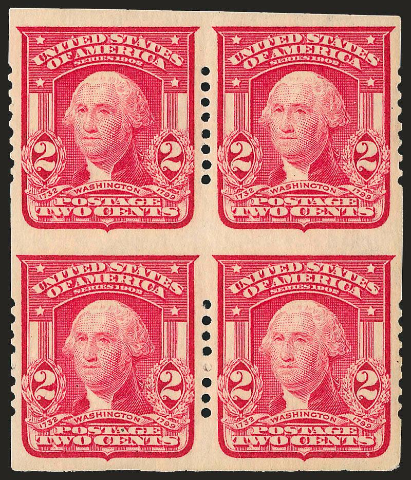 2c Carmine, Schermack Ty. I, Eight Holes (320).> Block of four, bottom pair Mint N.H., Extremely Fine, ex Geisler, with 2007 P.F. certificate