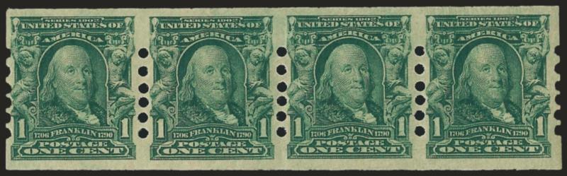 1c Blue Green, Schermack Ty. II (314).> Strip of four, position 2 h.r., other three Mint N.H., Very Fine-Extremely Fine, with 1998 P.F. certificate, Scott Retail as hinged