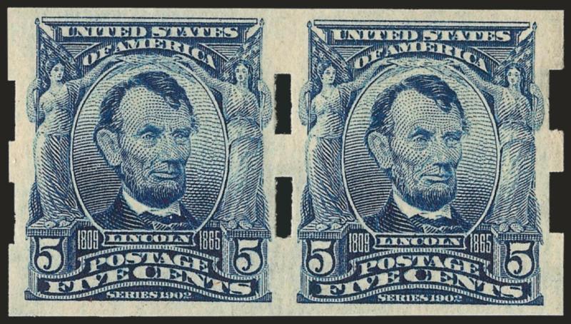 5c Blue, Schermack Ty. III (315).> Pair, lightly hinged, remarkably well-centered and with a clear impression<><>^EXTREMELY FINE. A FABULOUS EXAMPLE OF THE RARE 5-CENT 1902 ISSUE WITH TYPE III SCHERMACK PRIVATE
VENDING MACHINE PERFORATIONS.^<><>E