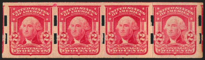 2c Carmine, Ty. II, Schermack Ty. III (320d).> Mint N.H. paste-up strip of four, Very Fine, with 2002 P.F. certificate, paste-up pairs are not listed but are certainly more valuable than an ordinary pair, Scott
Retail as two hinged pairs