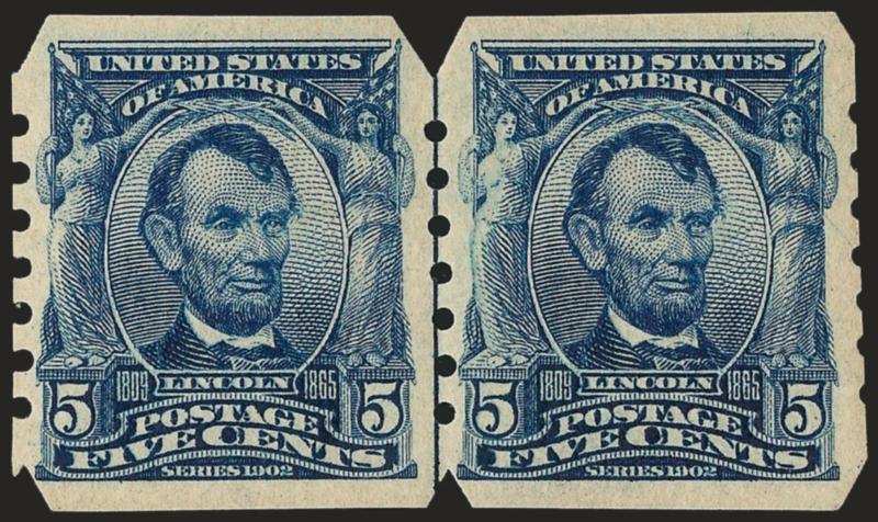 5c Blue, U.S. Automatic Vending Co. Ty. III (315).> Guide line pair, lightly hinged, attractively centered, strong color<><>^VERY FINE AND CHOICE. A REMARKABLY WELL-CENTERED AND FRESH GUIDE LINE PAIR OF THE
5-CENT 1902 U.S. AUTOMATIC VENDING CO. TY