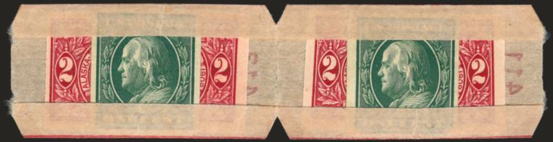 1c Green, 2c Alaska-Yukon, U.S. Automatic Vending Co. Pocket Ty. 4-3 (343, 371).> Pair of pockets containing one and two respectively in each, Mint N.H., without inscriptions and numbered 412-413 on reverse,
Very Fine