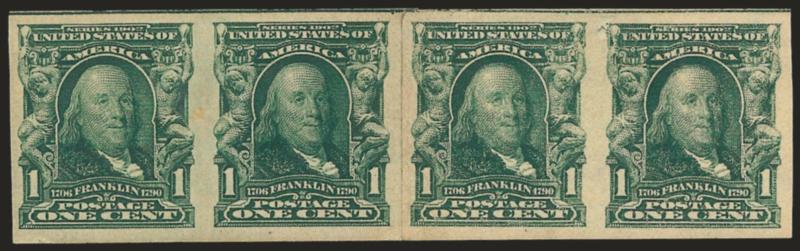 1c Blue Green, Imperforate Coil (314H).> Mint N.H. paste-up strip of four, right stamp internal paper break at top left corner<><>^VERY FINE AND CHOICE DESPITE TINY FLAW IN ONE. A RARE AND DESIRABLE ONE-CENT
BLUE GREEN IMPERFORATE COIL PASTE-UP STR